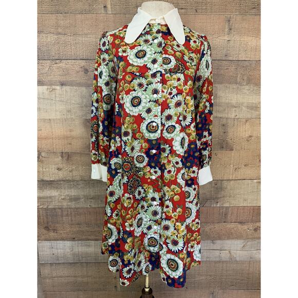 Vintage 1960’s Mod Floral Cotton Button Front Dress Size XS/S Hippie - Picture 1 of 13